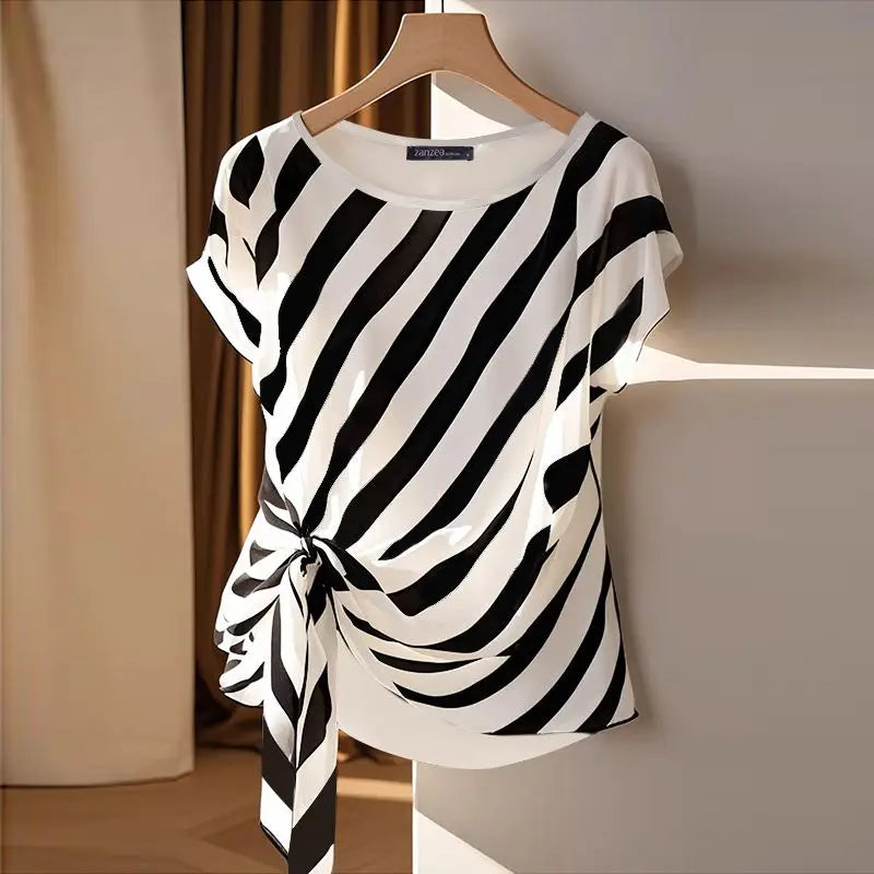 Striped Printed  Short Sleeve Blouse Casual