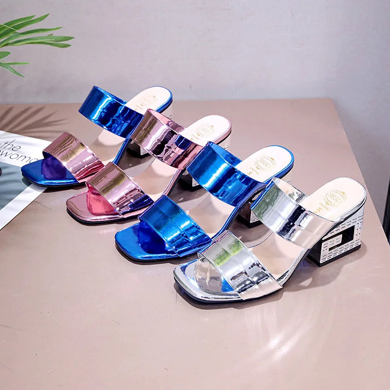 Block-heeled  Shiny  Slippers Semi-slippers