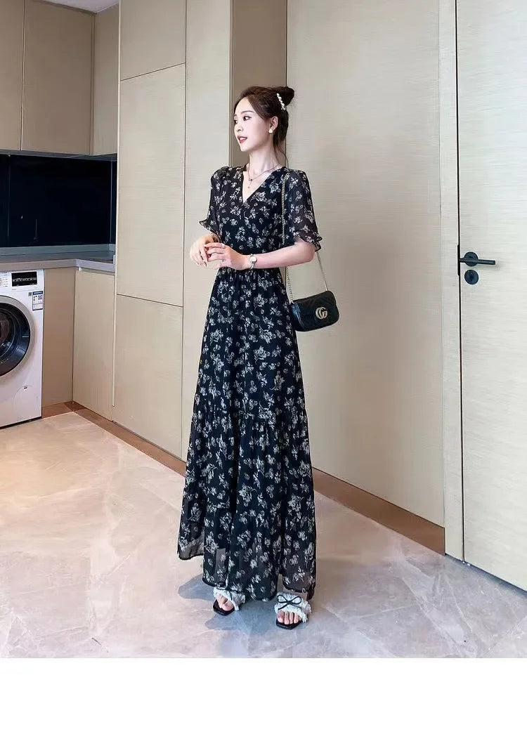 V-Neck Slimming Calf Length Dress