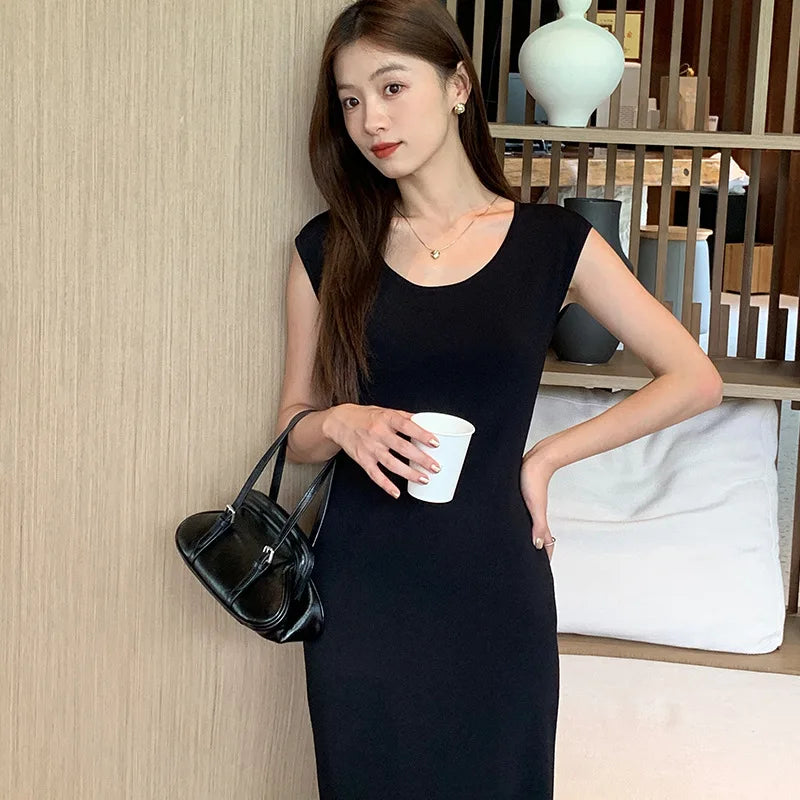 Women's Sleeveless Knit Black Maxi Dress