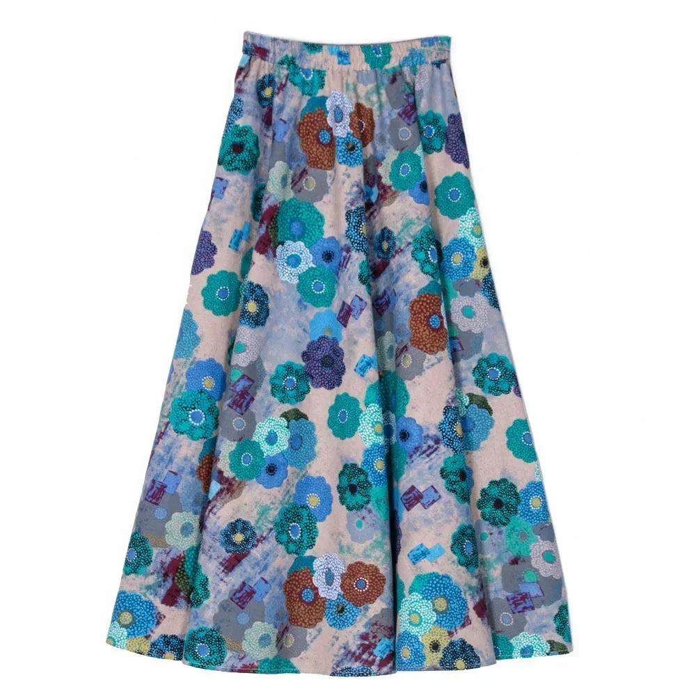 Cotton Linen Print Long Skirt Vintage