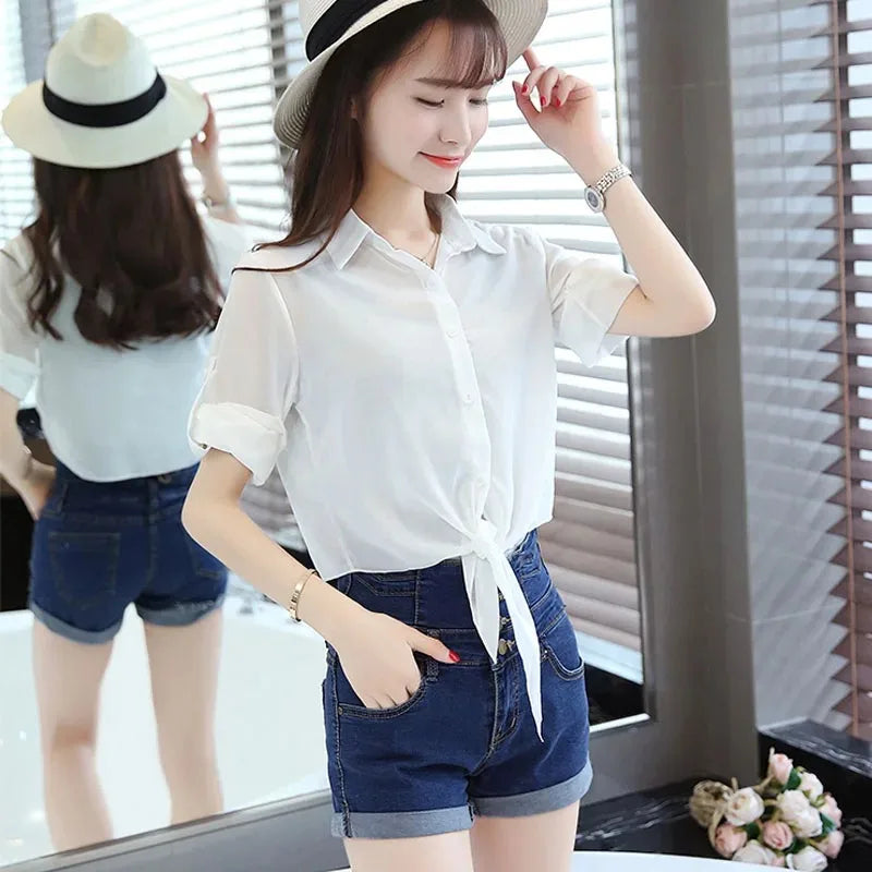 Thin Short Sleeve Chiffon Button Up Shirts