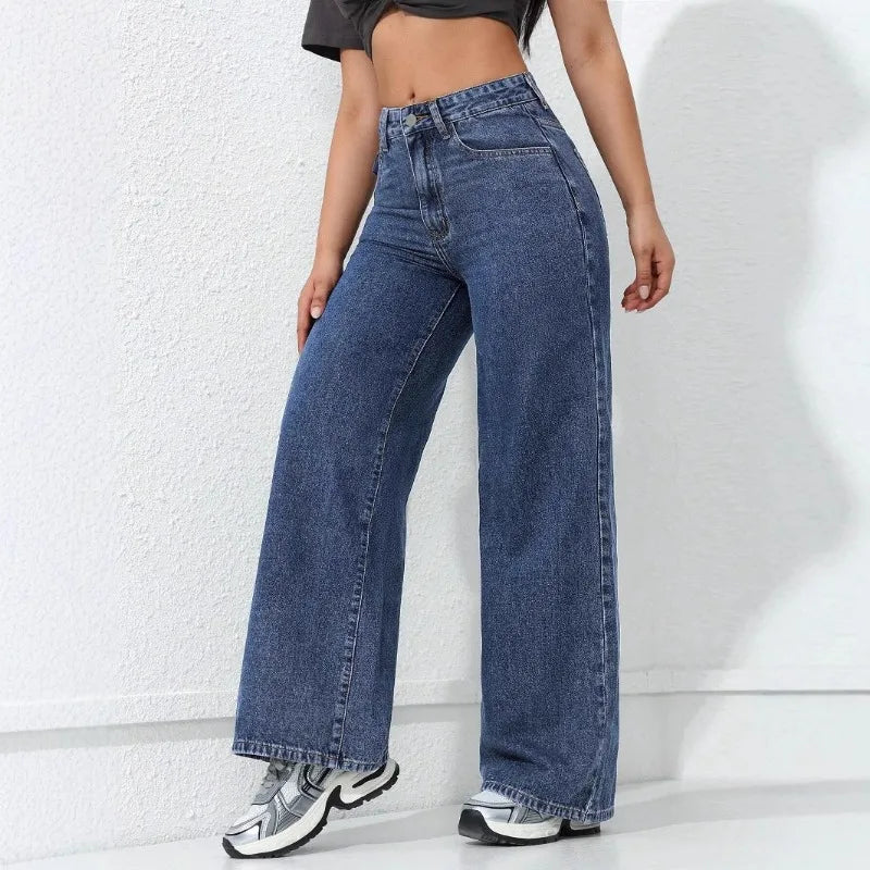 Wide Leg Jeans Pocket High Elastic Waist