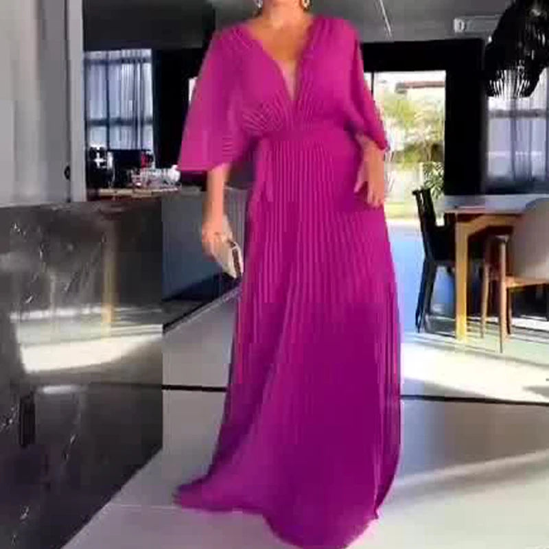 V-neck Casual 3/4 Sleeve Pleated Maxi Dress