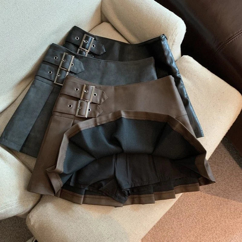 Leather Mini  High Waist Pleated Skirt