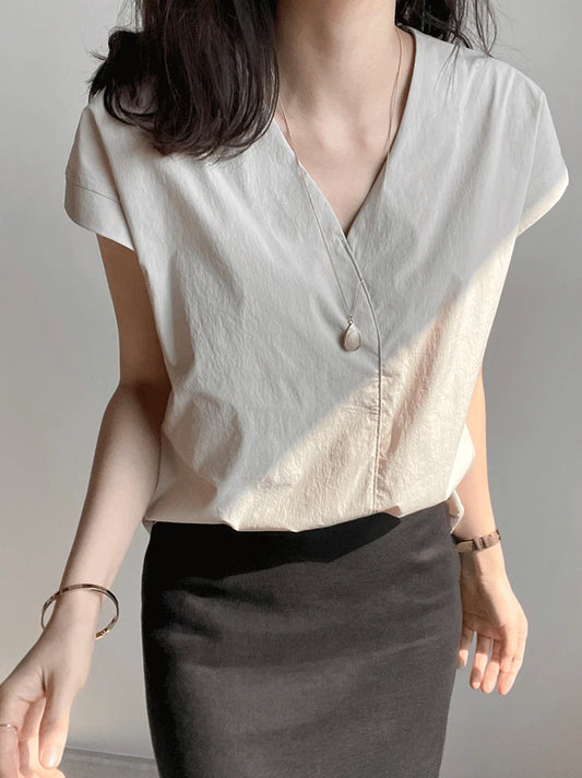 Half Sleeve  Button Up V Neck Blouse