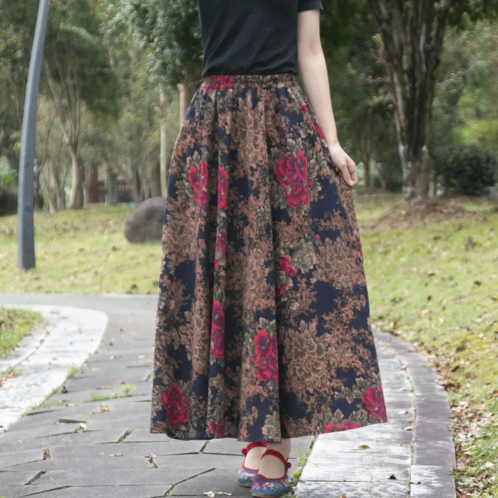 Cotton Linen Print Long Skirt Vintage