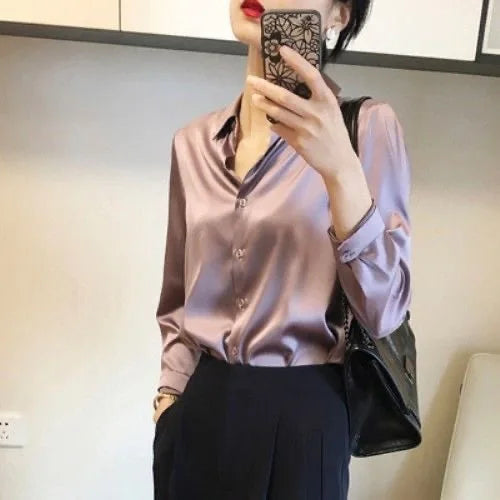 Women Satin Blouse Turn Down Collar