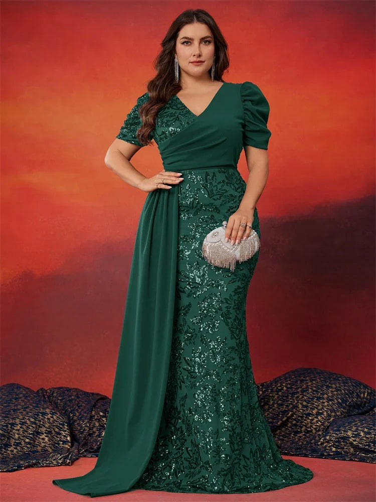 Plus Size Elegant V-neck Sequins Evening Dress
