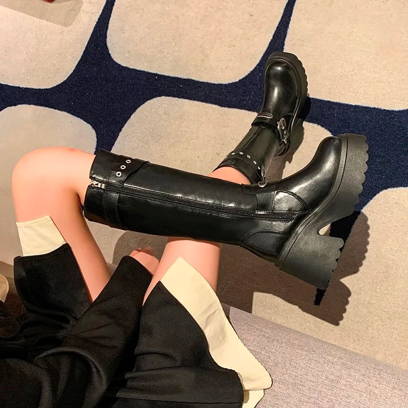 Thick Heel Cotton Side Zipper Rivet Metal