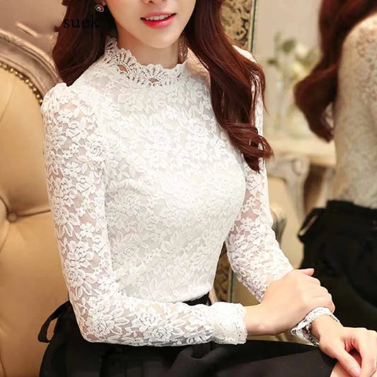 Lace Blouse Long Sleeve High Collar