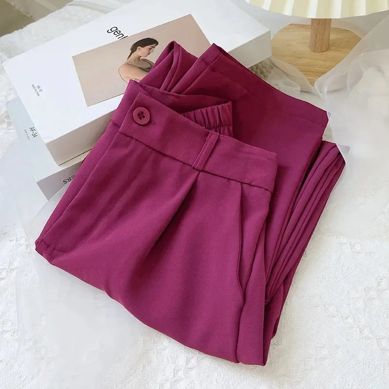 Suit Pants Solid Color Elastic Waist Ankle-Length