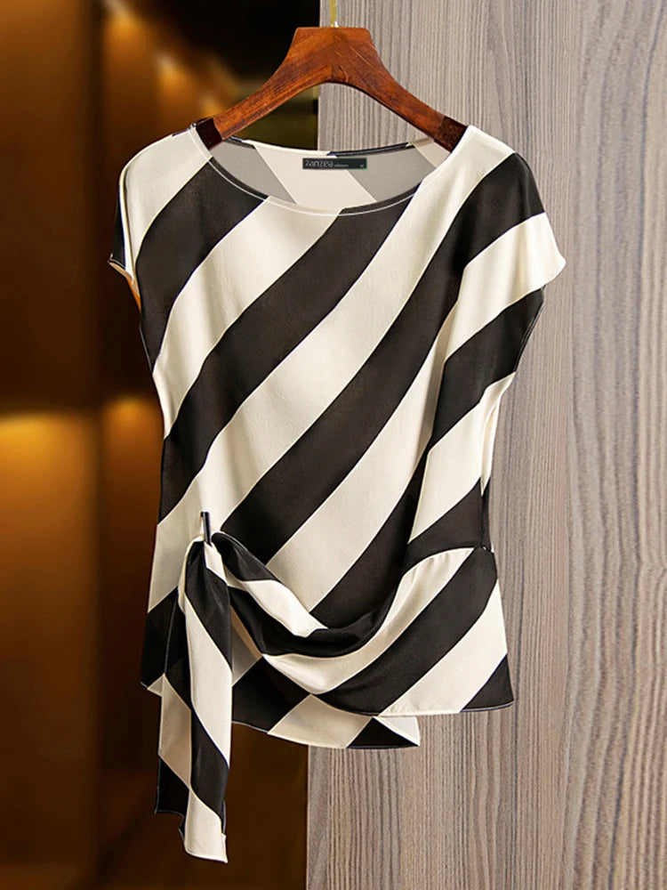 Striped Printed  Short Sleeve Blouse Casual