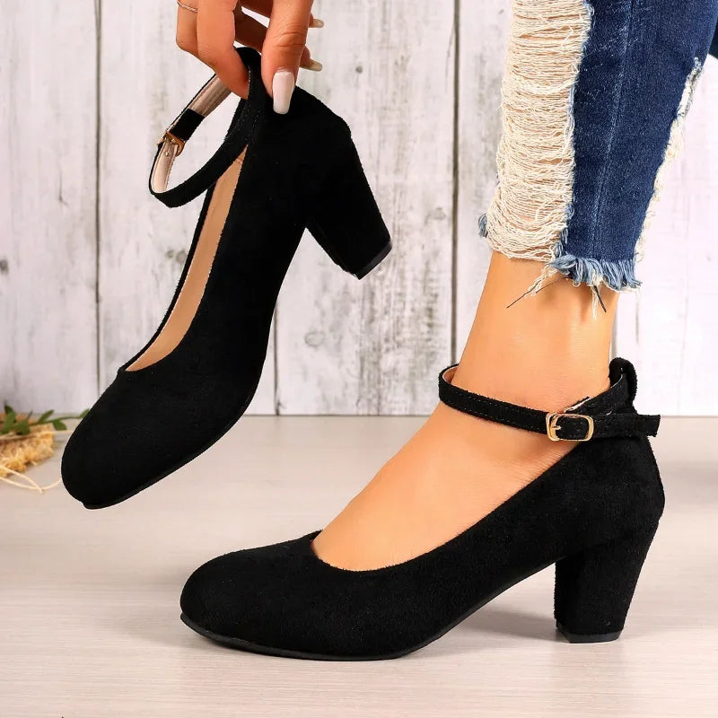 Thick Heels Women's Black  Pumps Suede
