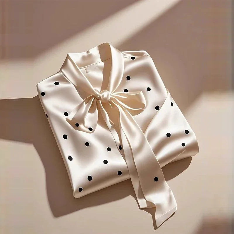 Satin Polka Dot Print Shirt Lace-up Bow