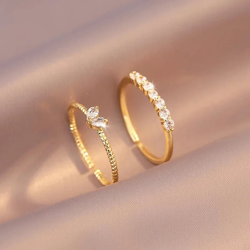 2pcs/set Gold Color Heart Zircon Rings Set