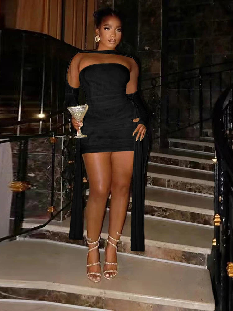 Mesh Mini Dress Strapless Ribbons Tassel  Gloves