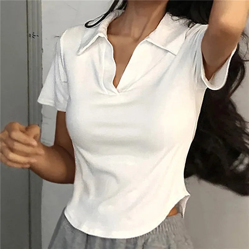 Short Sleeve Lapel Top  V-Neck Crop Top