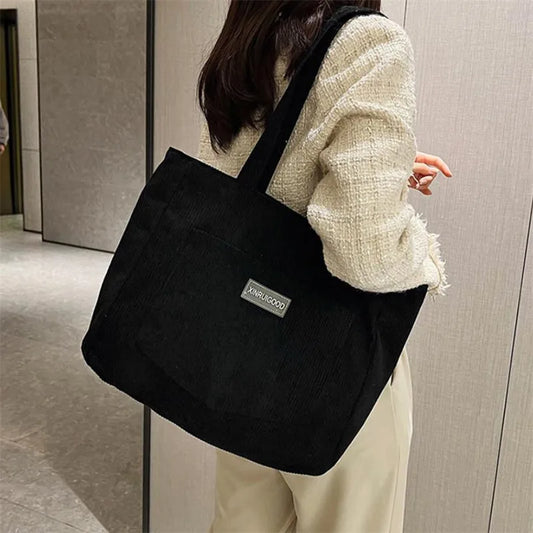 Corduroy Shoulder Tote Bag, Large Capacity