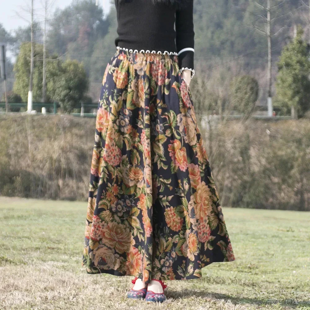 Cotton Linen Print Long Skirt Vintage