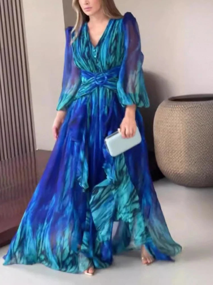 A-line V-neck High Waist Print Chiffon Dress