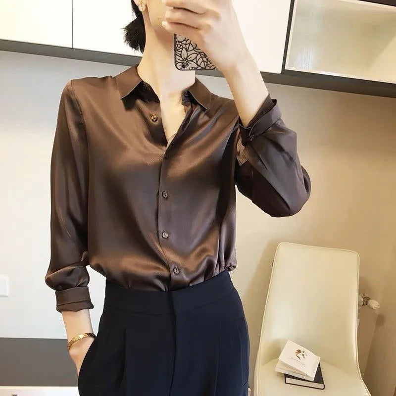 Women Satin Blouse Turn Down Collar