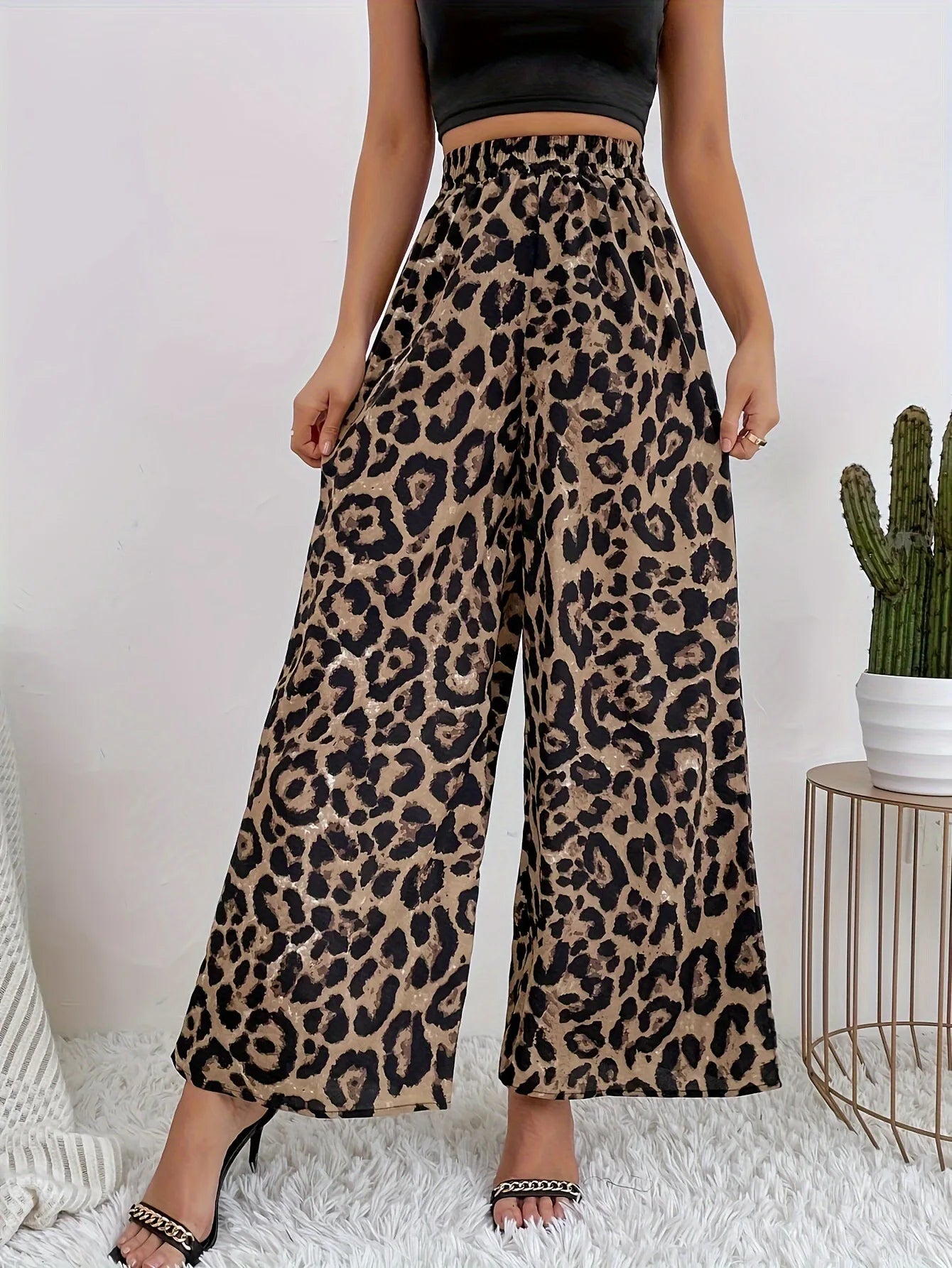 American  leopard print elastic waist wide leg