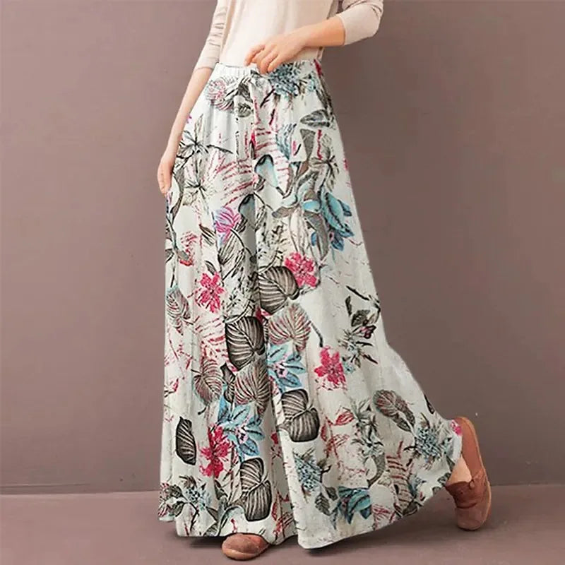 Women Floral Print Wide Leg Elastic Waist Pantalon