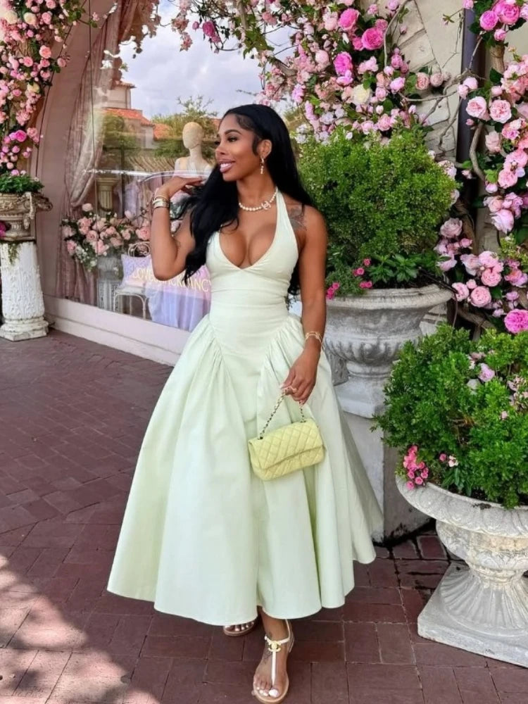 Halter V-neck Backless Sleeveless  Mid Maxi