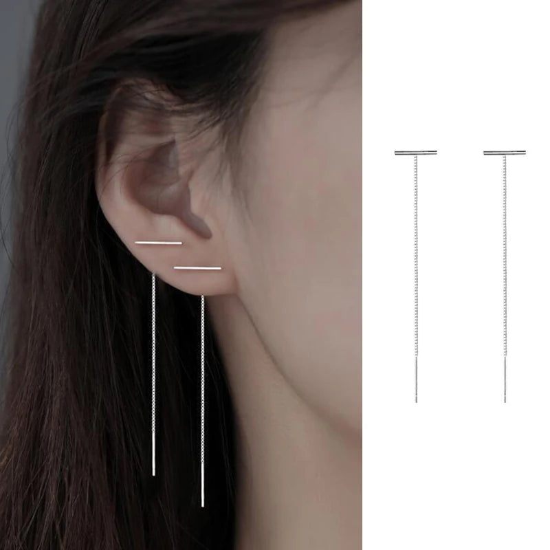 Silver Needle Star Line Tassel Drop Earring