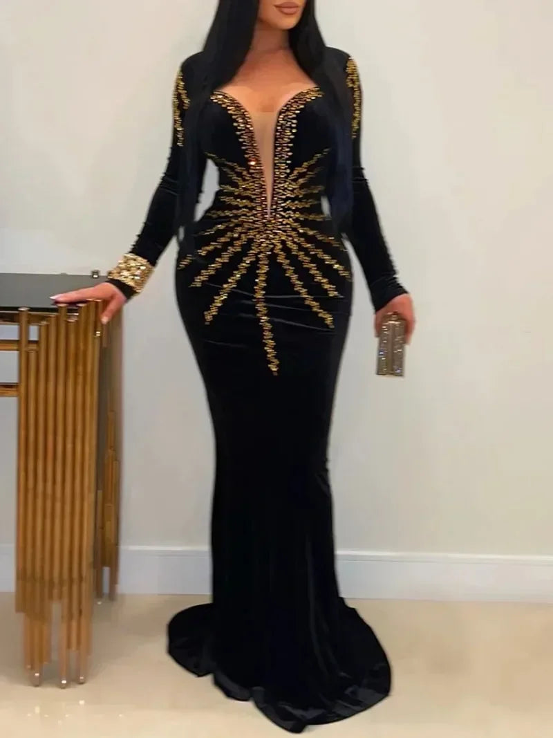 Elegant Diamonds Velvet Long  Deep V Evening