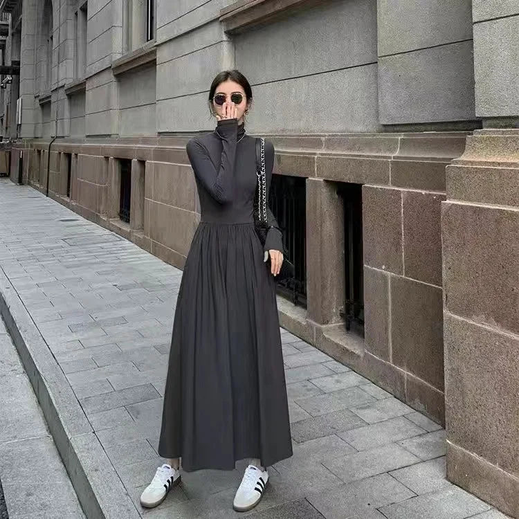 Black Hepburn Style, Gray Turtleneck Dress