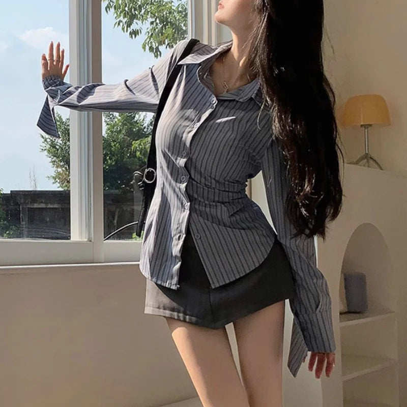 Blue Striped Long Sleeve Shirt Waist Cinching