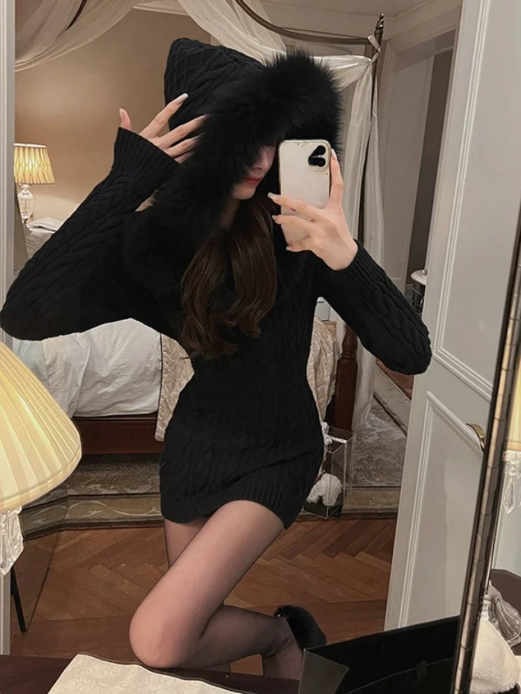 Knitted Sweater Dress with Hooded  Faux Fur