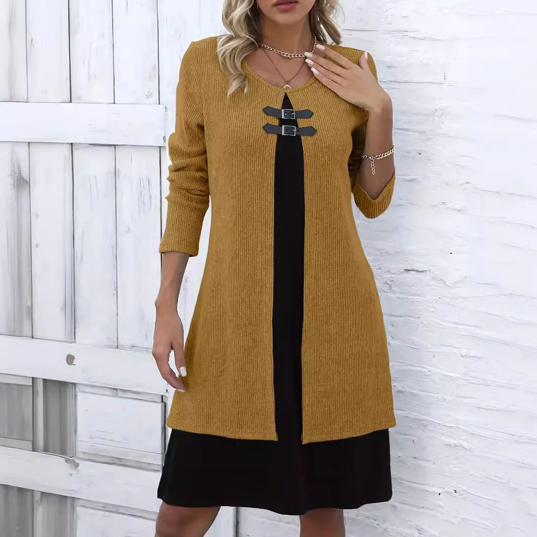 Solid Long Sleeved Round Neck Knitted  Dress