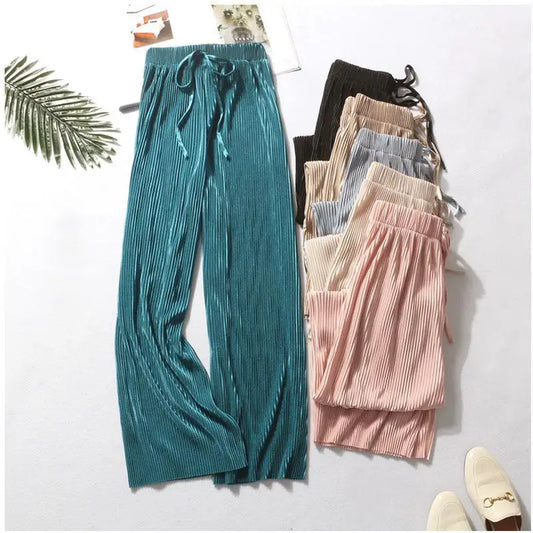 Pleated Ice Silk  Elastic Waist Casual Pants