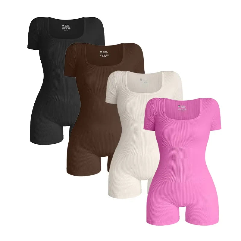 Bodysuits Short Sleeves Square Neck  Jumpsuits Yoga