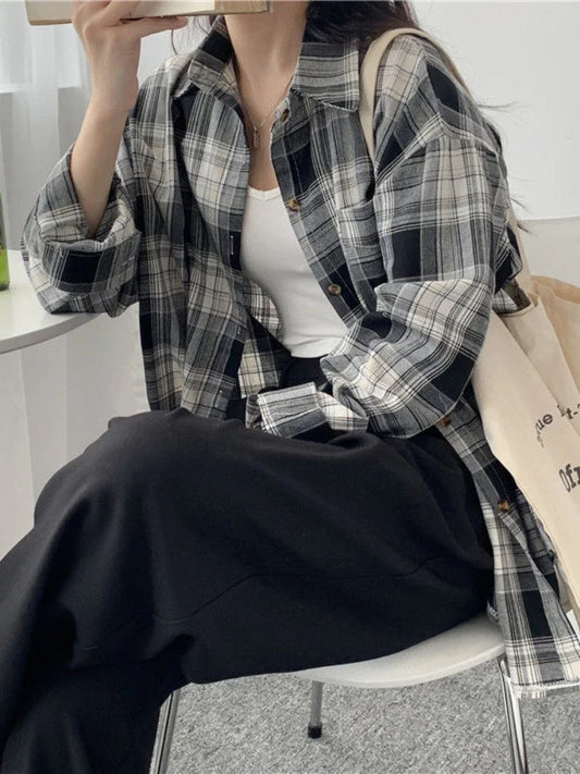 Long Sleeves Mid Length Plaid Shirt