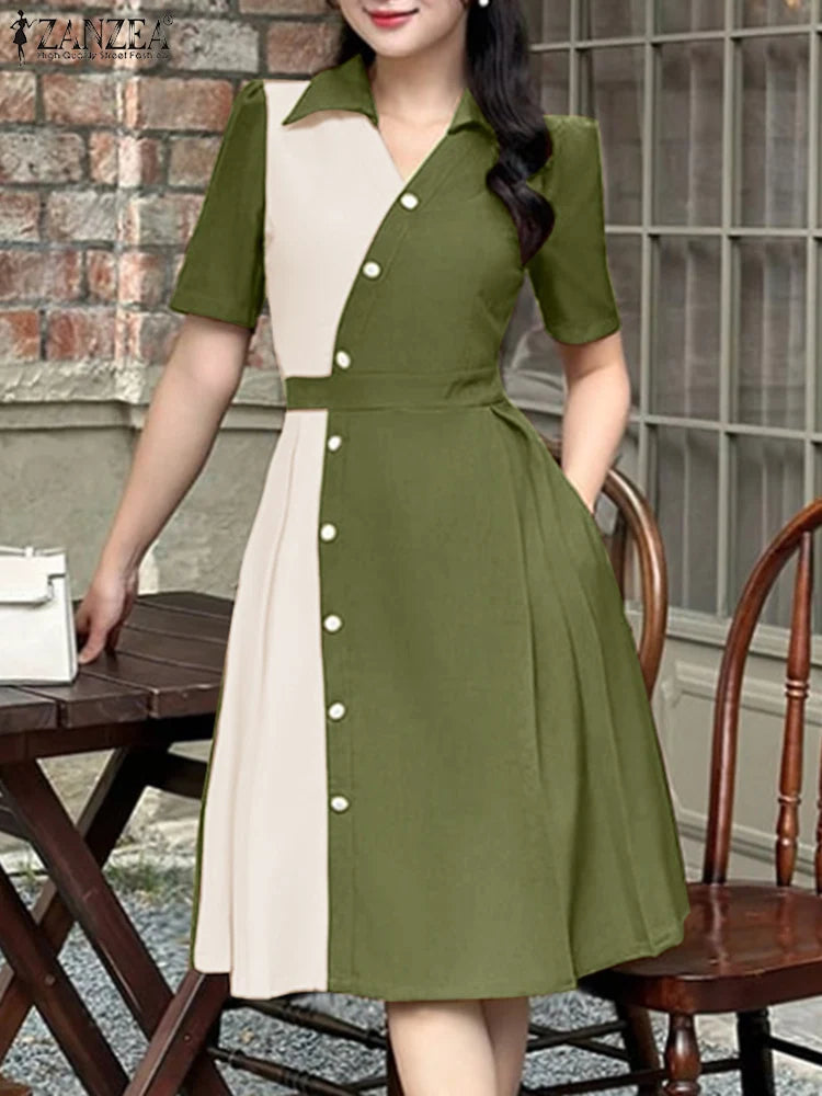 Elegant Lapel Neck Short Sleeve Pleated  Work