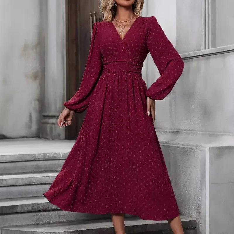 Off-Shoulder Lantern Sleeve Pleated Long Dress