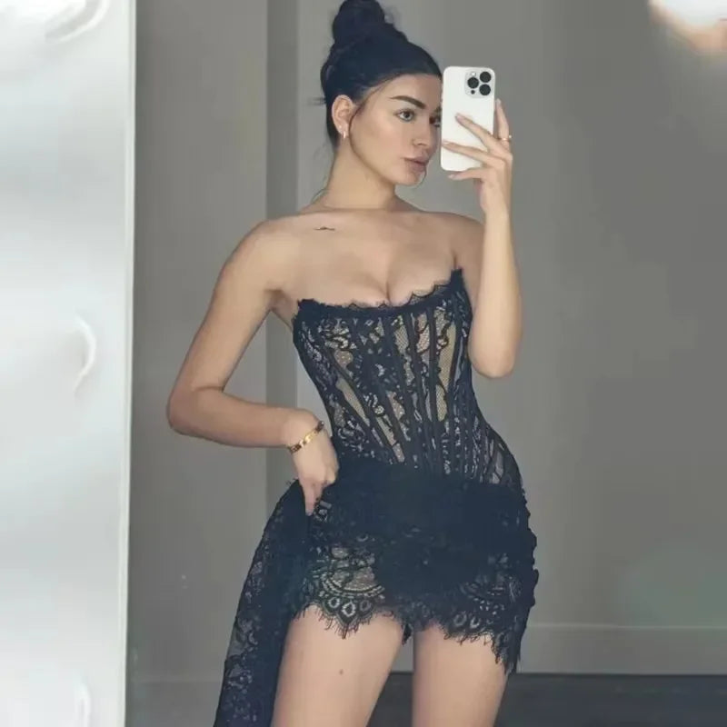 Sexy Lace  Solid Color Sheer Lace Dress