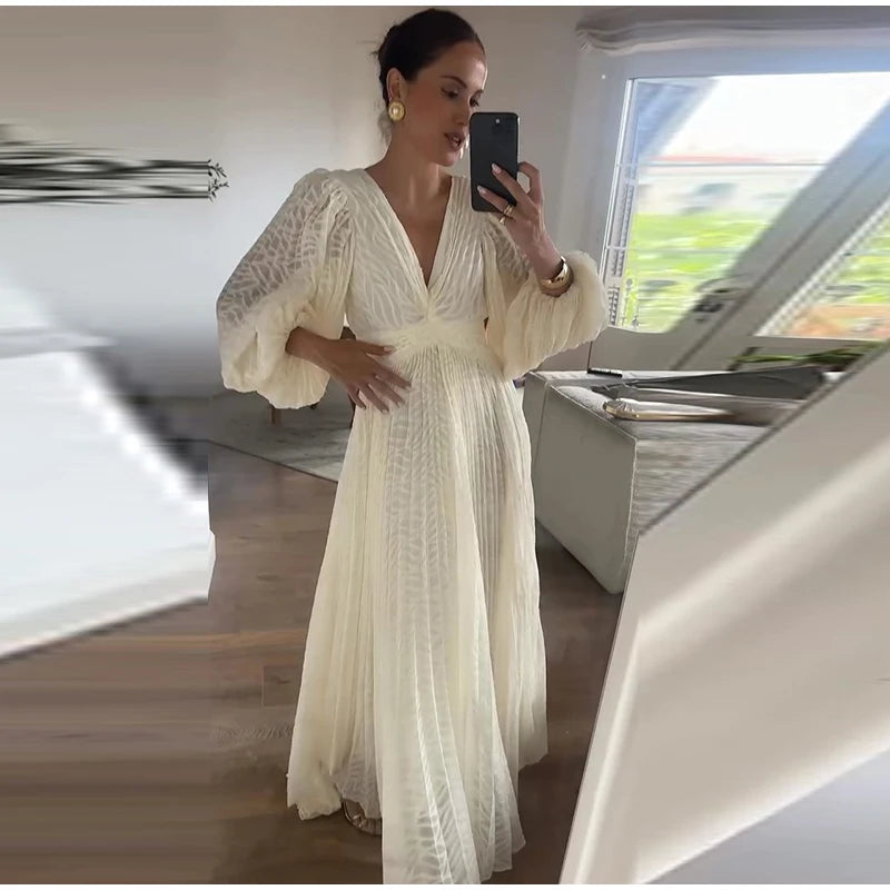 V-neck Backless Bubble Sleeve Holiday  Evening Gowns