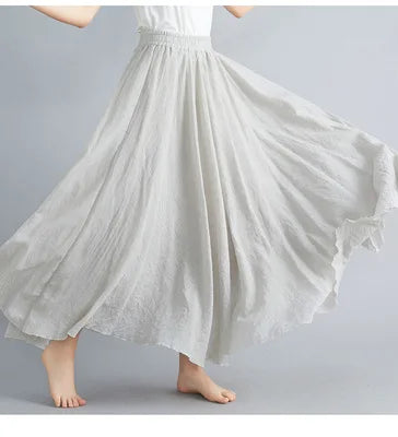 Cotton Linen Dress Elastic Waist Long Skirts