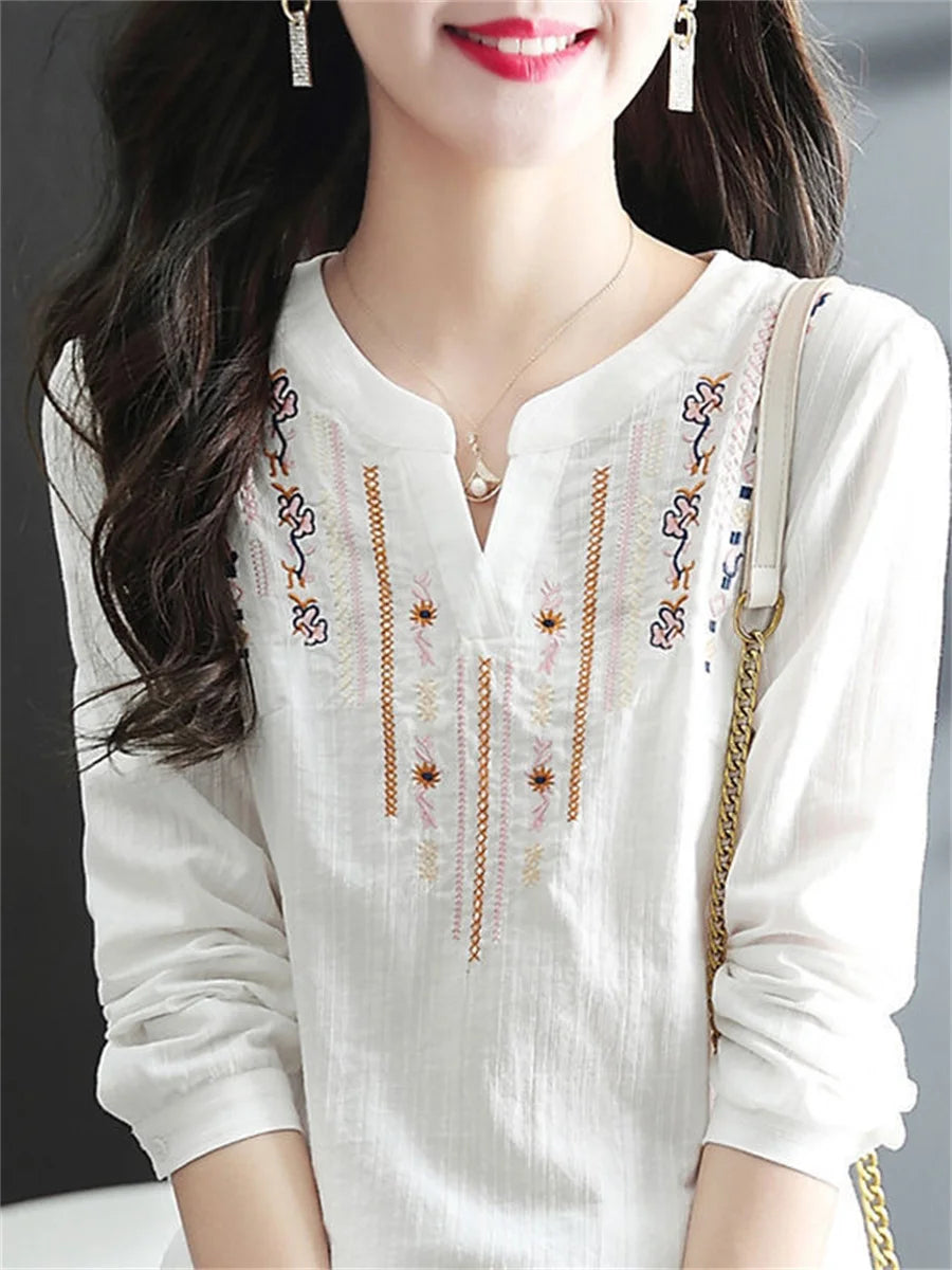 White Blouses V-Neck Long Sleeve