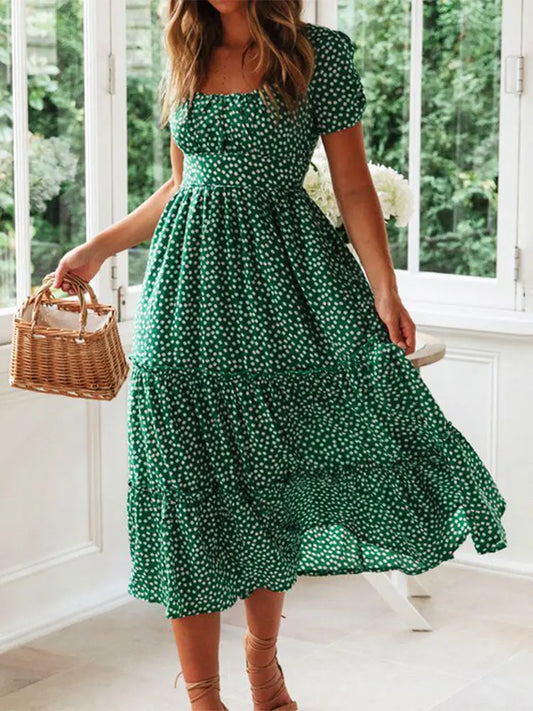 Puff Sleeve Casual Square collar floral maxi