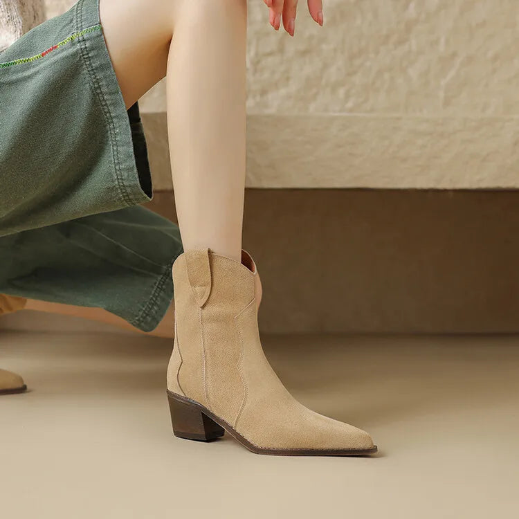Cow Suede Pointed Toe Chunky Heel Boots