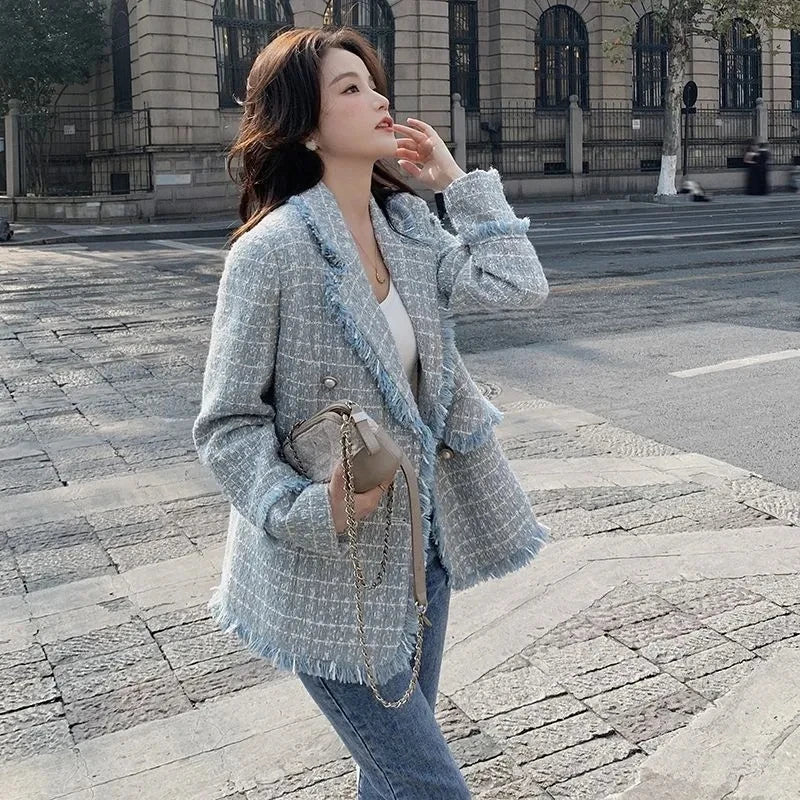 Woolen Suit Jacket  Mid-Length Double-Breasted