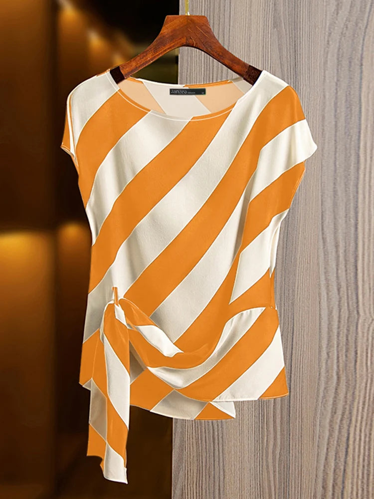 Striped Printed  Short Sleeve Blouse Casual