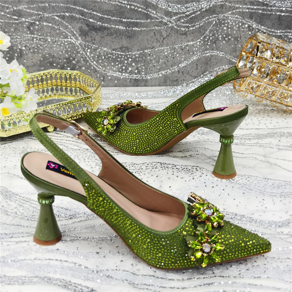 Pointed Toe High Heels,  Bags Set With Rhinestone