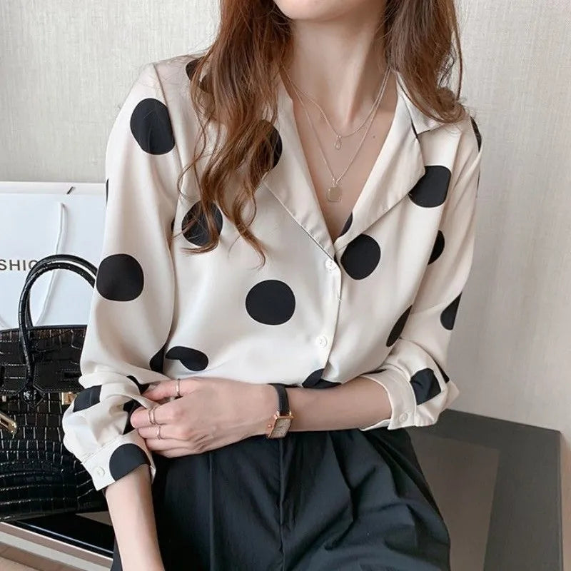 Polka Dot Elegant Lapel Button-up Blouse